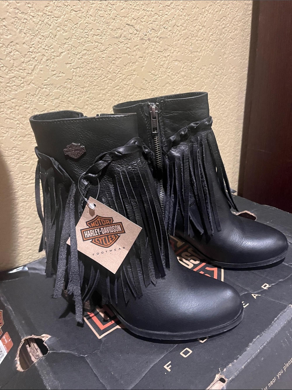 Harley-Davidson Black Leather Fringe Ankle Booties